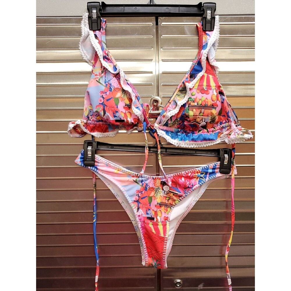 Tropical 2 Piece Swimsuit Bikini with Scalloped Ruffle Top in Size L